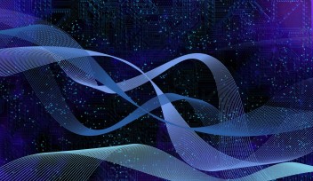 Abstract image of quantum computing, with blue ribbons crossing a circuitboard background, colored blue, purple and black